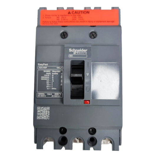 Schneider 30A 3 Pole Industrial Circuit Breaker with safety features and clear labeling