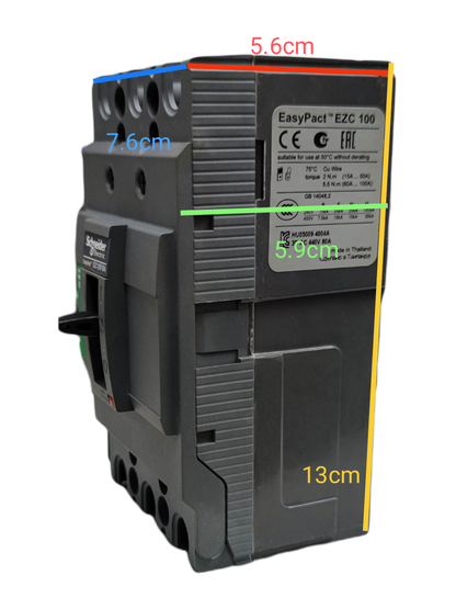 Schneider 40A 3 Pole Industrial Circuit Breaker 100AF with easy-to-read specifications on the side