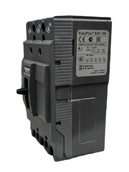 Schneider 50A 3 Pole Industrial Circuit Breaker 100AF with EasyPact EZC 100 label and black switch