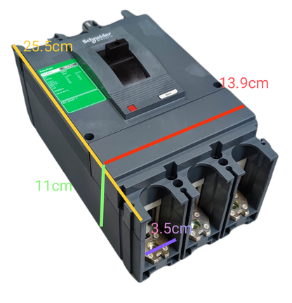 Schneider 600A 3 Pole Industrial Circuit Breaker with black casing and labeled dimensions