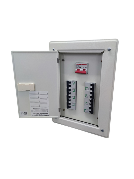 Schneider 80A panel board electrical circuit breaker inside open metal enclosure