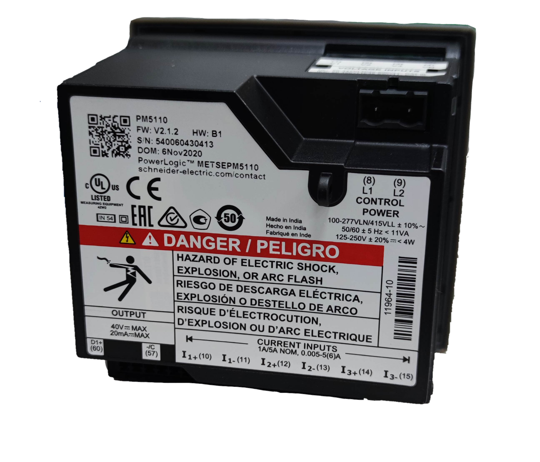 Schneider digital power meter with electrical safety warnings and multiple current input labels