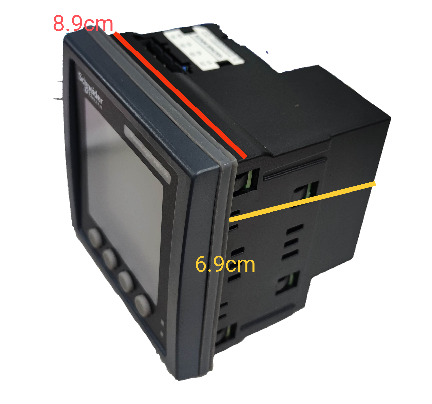 Schneider digital power meter electrical trade tool with screen and control buttons in black casing