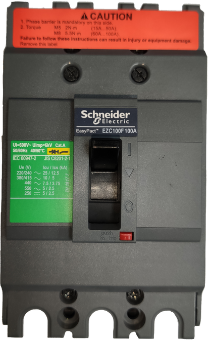 Schneider 100A 3Pole Industrial Circuit Breaker EasyPact model EZC100F100A in black and gray housing