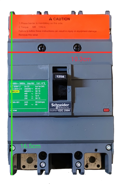 Schneider 125A 2 Pole Single Phase Breaker electrical circuitry component with safety caution label