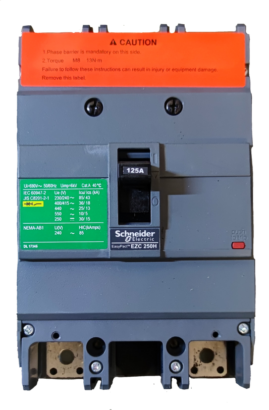 Schneider 125A 2 Pole Single Phase Breaker electrical circuitry part with safety labels