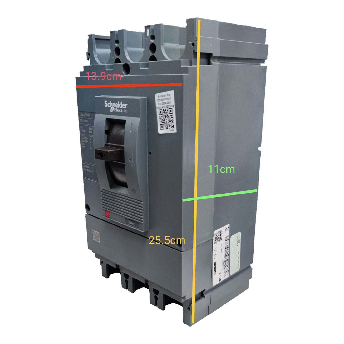 Schneider 320A 3 Pole Industrial Circuit Breaker with dimensions for electrical applications