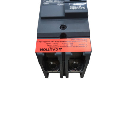 Schneider 50A 2 Pole Breaker Industrial Easy Pact front view showing terminals caution label and housing