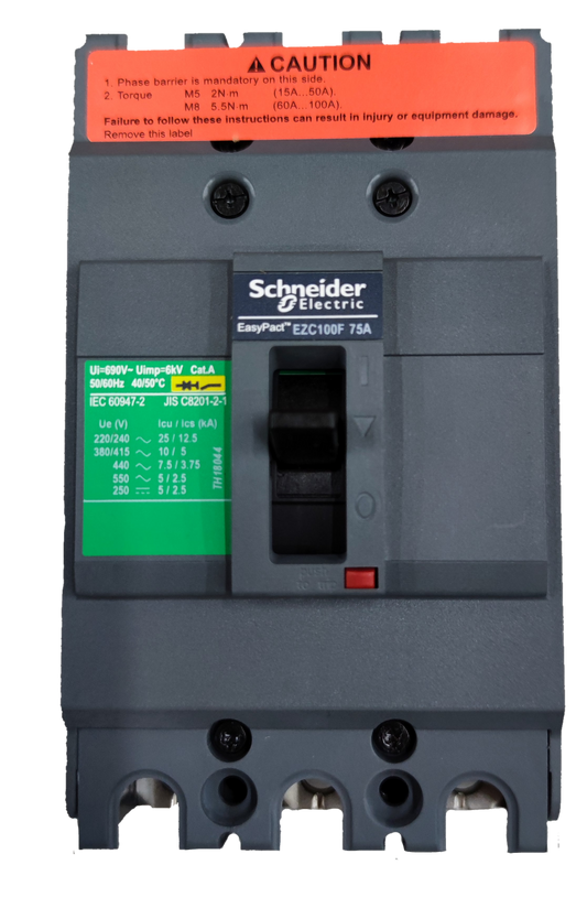 Schneider Breaker Industrial Easy Pact EZC100F3075 circuit breaker with 75A rating and safety labels