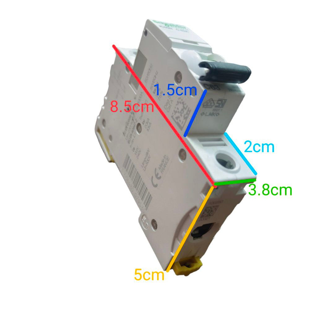 Schneider Miniature Circuit Breaker 25A 1 Pole with clear size dimensions displayed for easy reference
