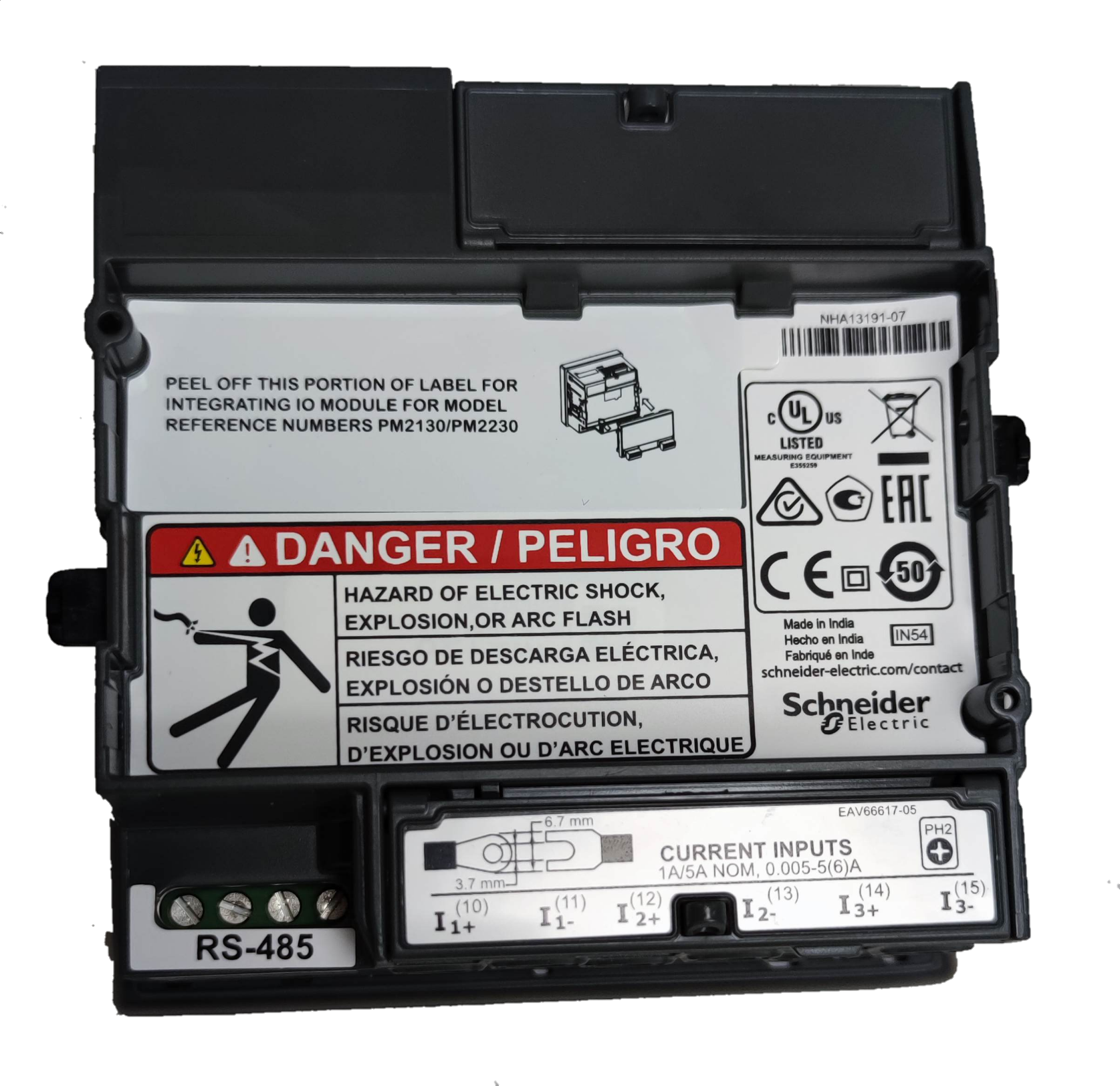 Schneider Power Meter METSEPM2120 electrical trade tool with safety warning labels and RS-485 connection
