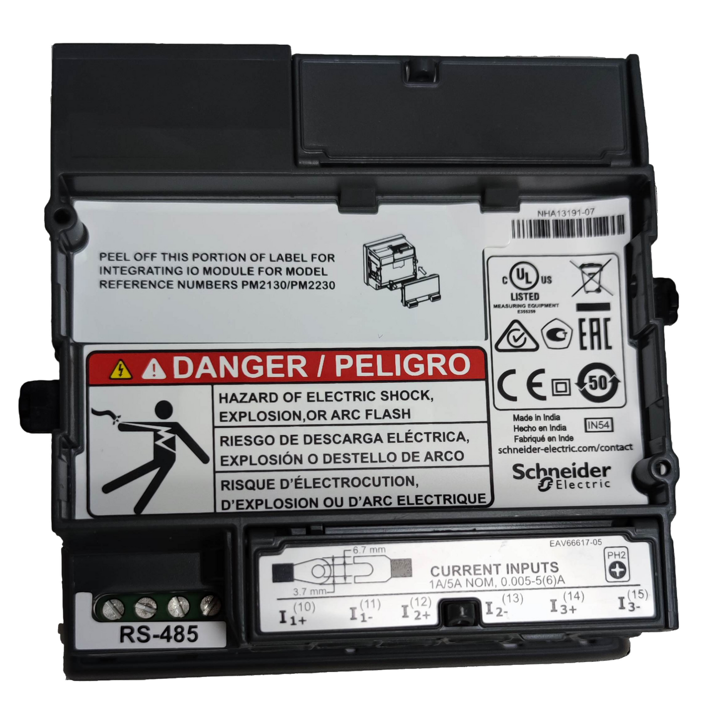 Schneider Power Meter METSEPM2120 with safety labels and current input specifications