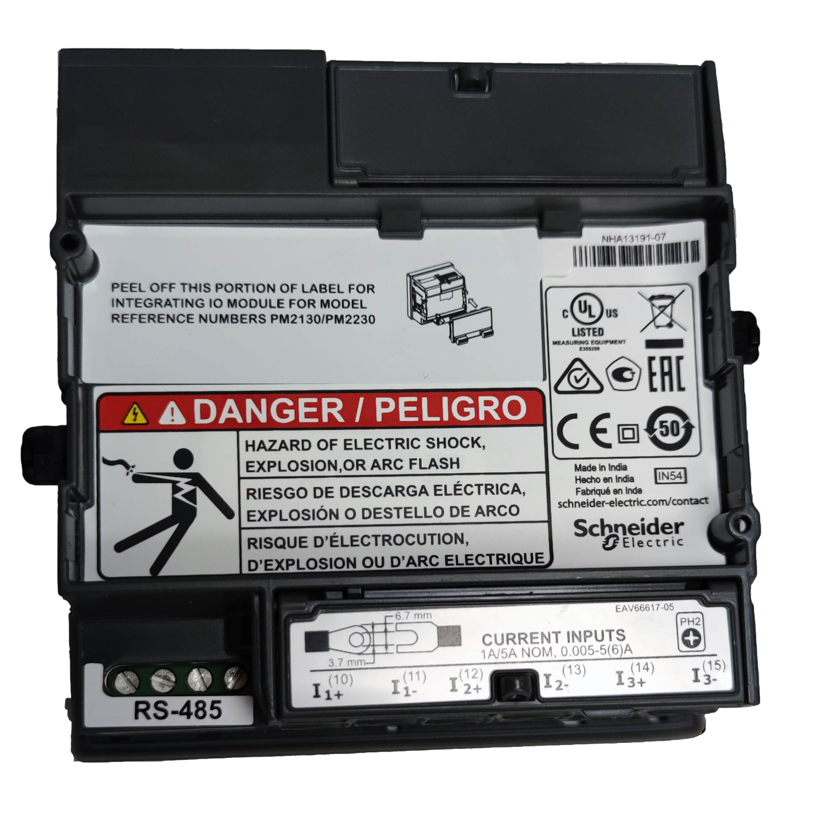 Schneider Power Meter METSEPM2120 with safety labels and current input specifications