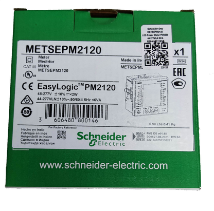 Schneider Electric Power Meter METSEPM2120 in packaging with specifications for electrical testing