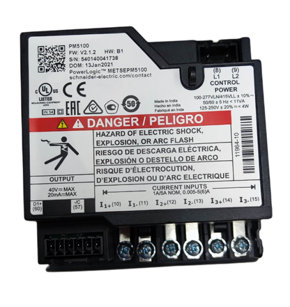 Schneider Power Meter METSEPM5100 electrical trade tool with warning label and multiple connection terminals