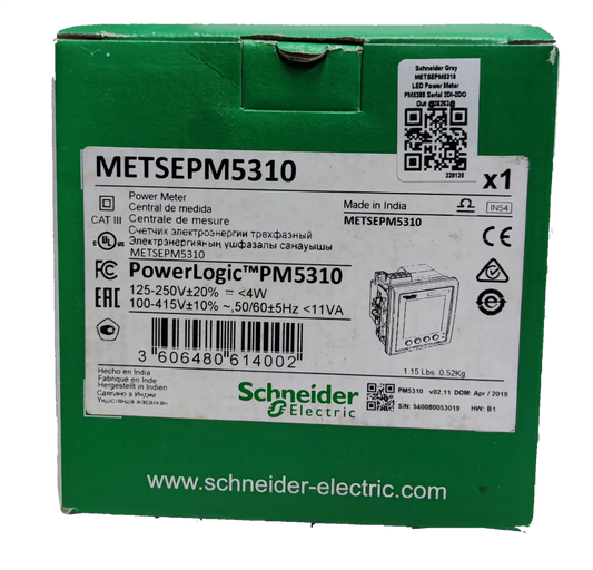 Schneider Power Meter METSEPM5310 boxed electrical trade tool and tester with product details and barcode