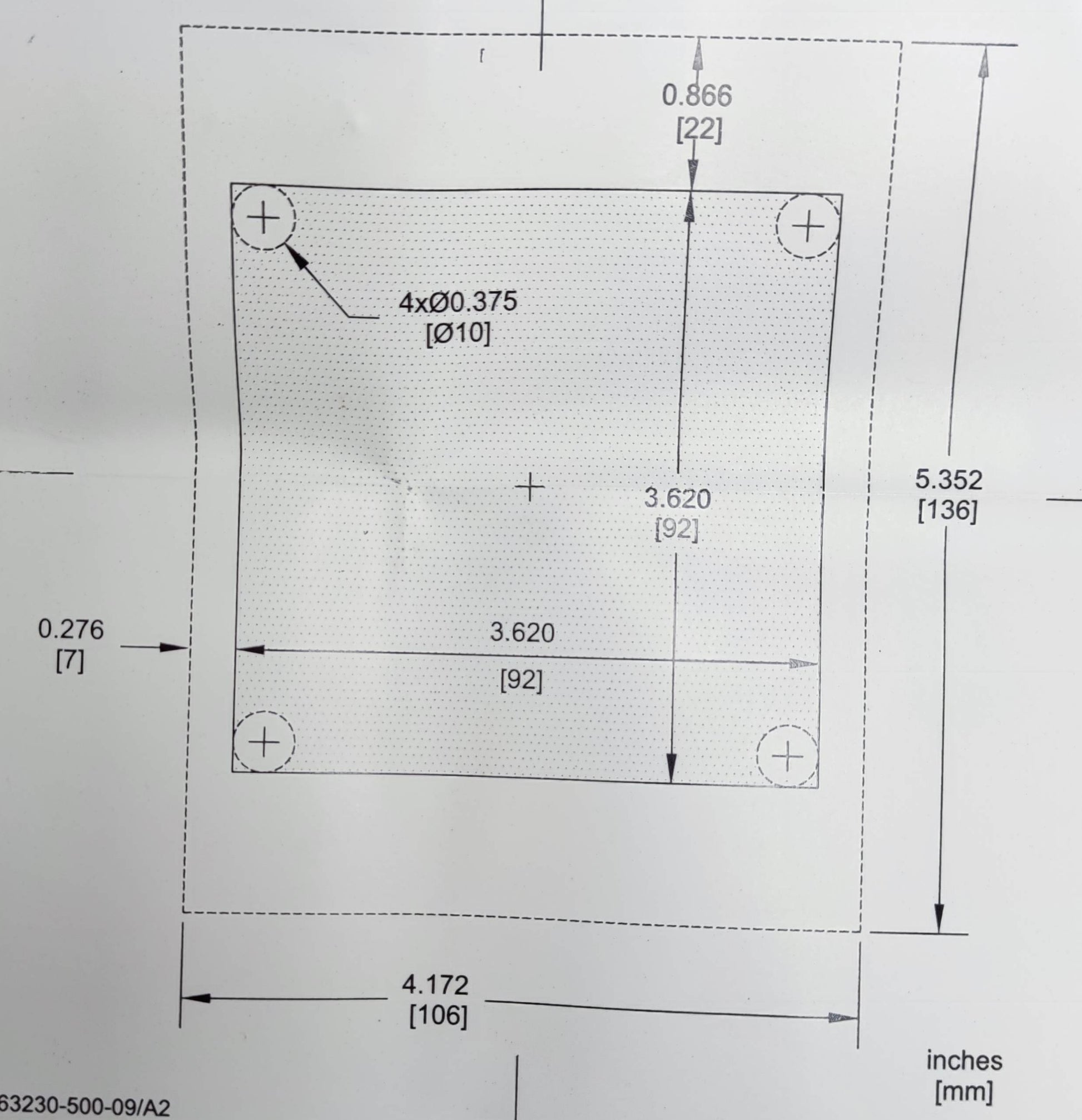 Technical drawing with dimensions for Schneider Power Meter METSEPM5310 mounting plate in inches and millimeters