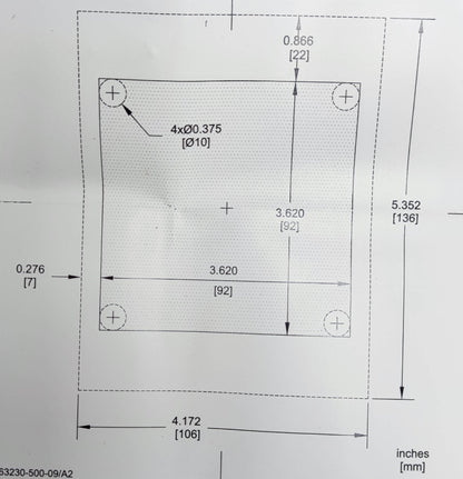 Technical drawing with dimensions for Schneider Power Meter METSEPM5310 mounting plate in inches and millimeters