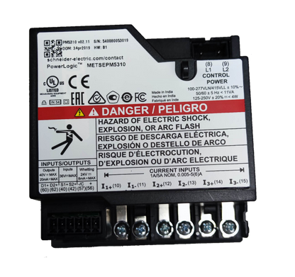 Schneider Power Meter METSEPM5310 electrical trade tool with multiple input terminals and safety warning labels
