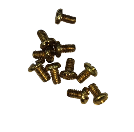 Set of small brass Screw Negative 10 x 8mm x 3mm screws on black background