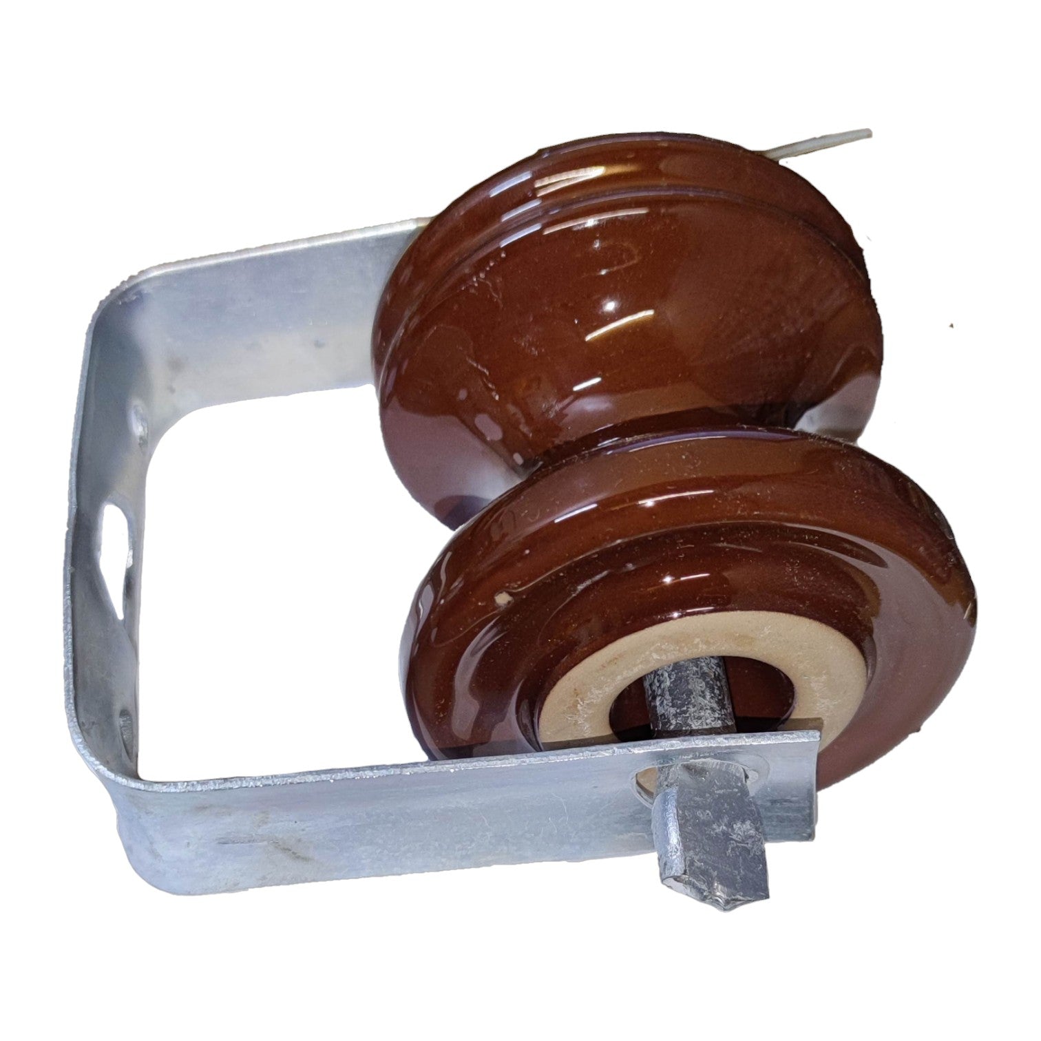 Local secondary rack 1 wire insulator with brown ceramic and metal mounting bracket for electrical applications