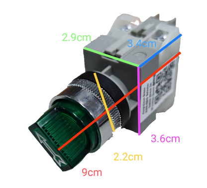 Auspicious 22mm selector switch green with detailed dimensions for power points switches and plugs