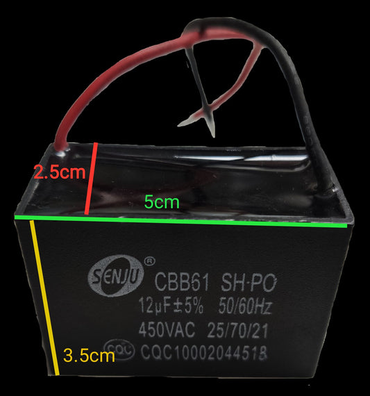 Motor Capacitor 12uF 450V AC black rectangular electrical part with red and black wires