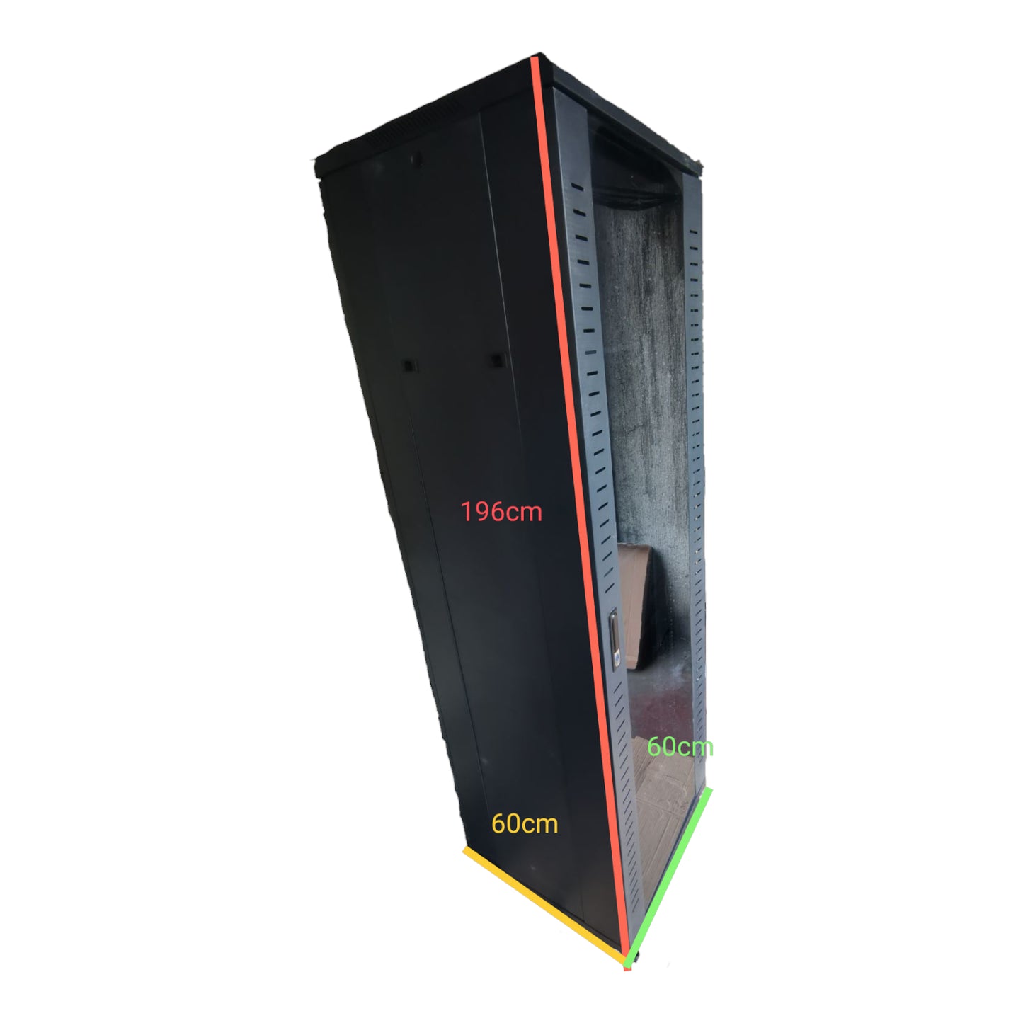 Black metal cabinet with dimensions labeled on a white background Data Cabinet 42U Server Rack Network Cabinet 60cm x 60cm x 196cm