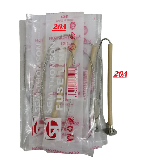 SGM Thomson K type fuse link 20A ceramic rod with braided wire leads and mounting flange in sealed packs