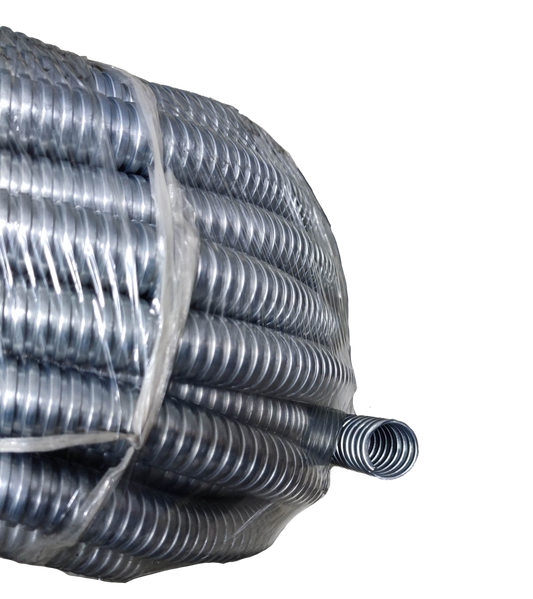 Shieldcon 20mm Metal Flexible Hose coiled and wrapped in plastic for electrical circuitry applications