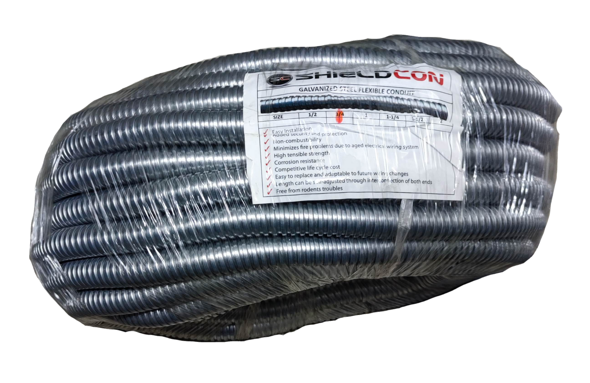 Shieldcon 20mm Metal Flexible Hose coiled and packaged, made of galvanized steel for electrical circuitry and parts