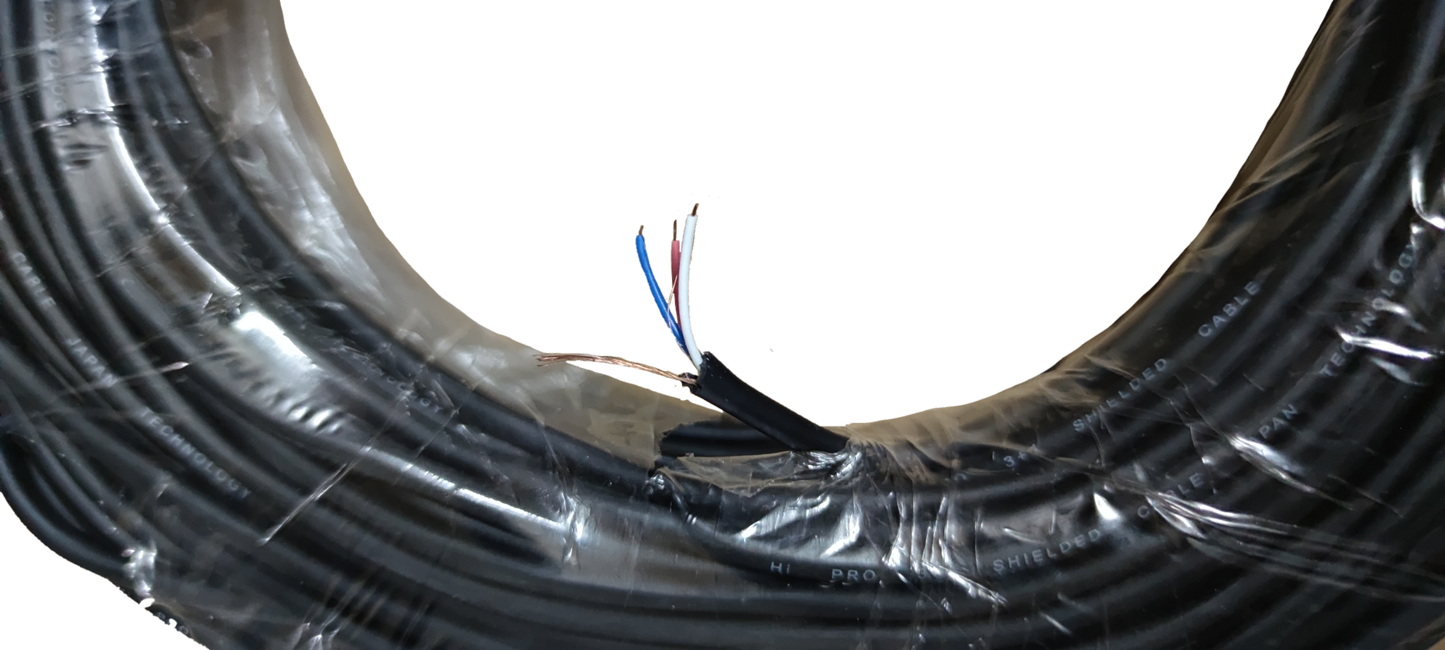 Roll of Electx Electrical Supply shielded stranded wire with exposed black, blue, and white insulated leads