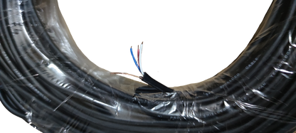 Roll of Electx Electrical Supply shielded stranded wire with exposed black, blue, and white insulated leads