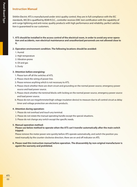 Shihlin instruction manual page for 1600A 3Pole 130 KAIC 220V ATS automatic transfer switch