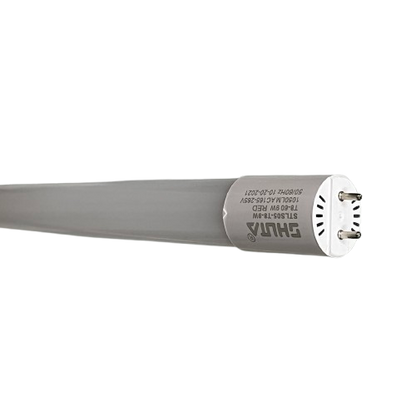 Shuta T8 LED Tube Light 9W with white casing and two-pin connectors on black background