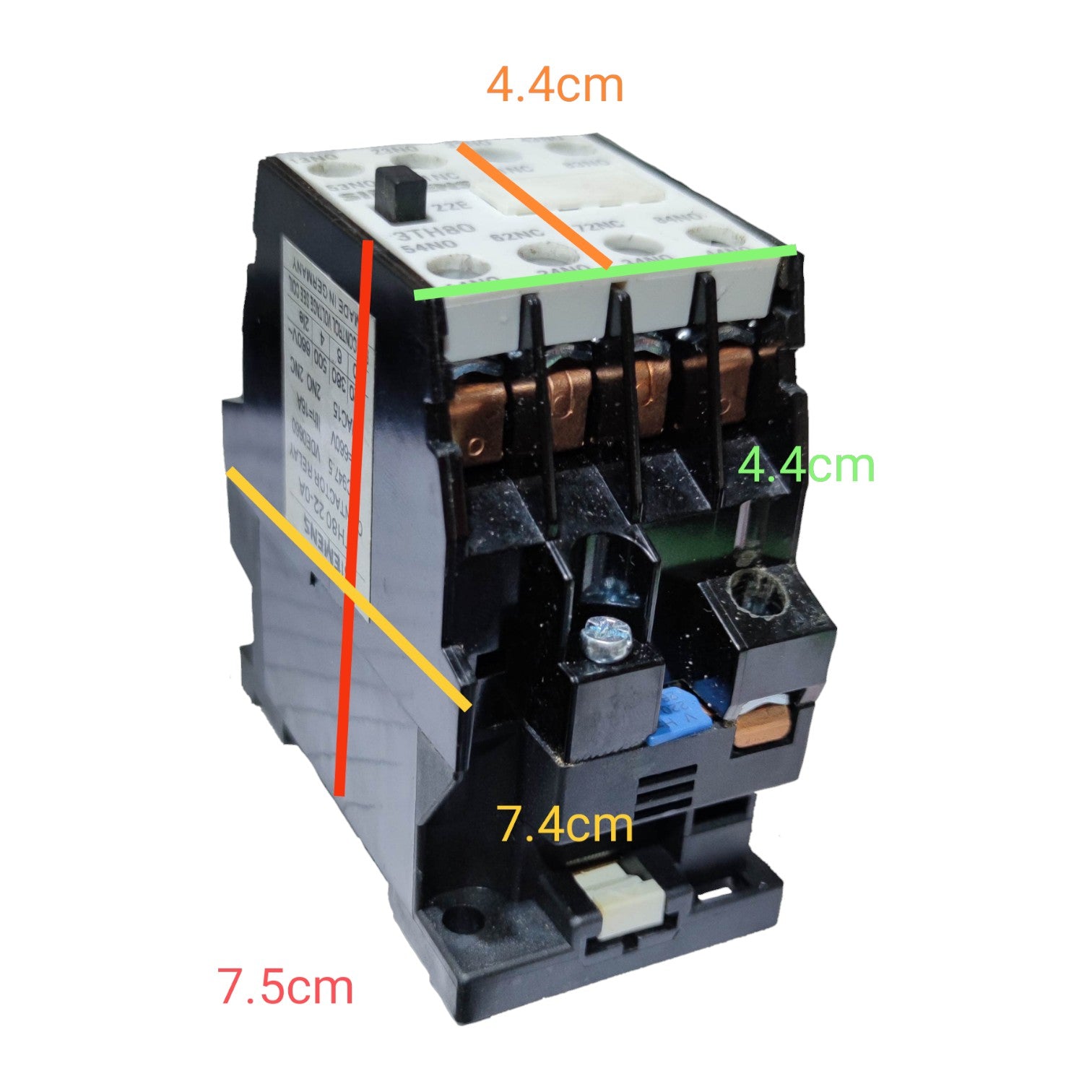 Siemens Magnetic Contactor 10A 2NO 2NC 220V with clear labeling and dimensions for installation