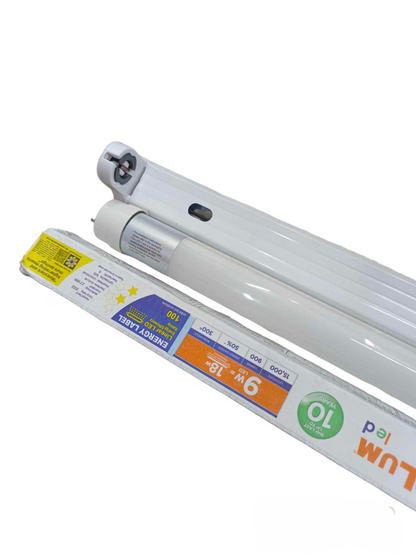 Ecolum single ended LED fluorescent tube 220V with white casing and energy label showing 9W power