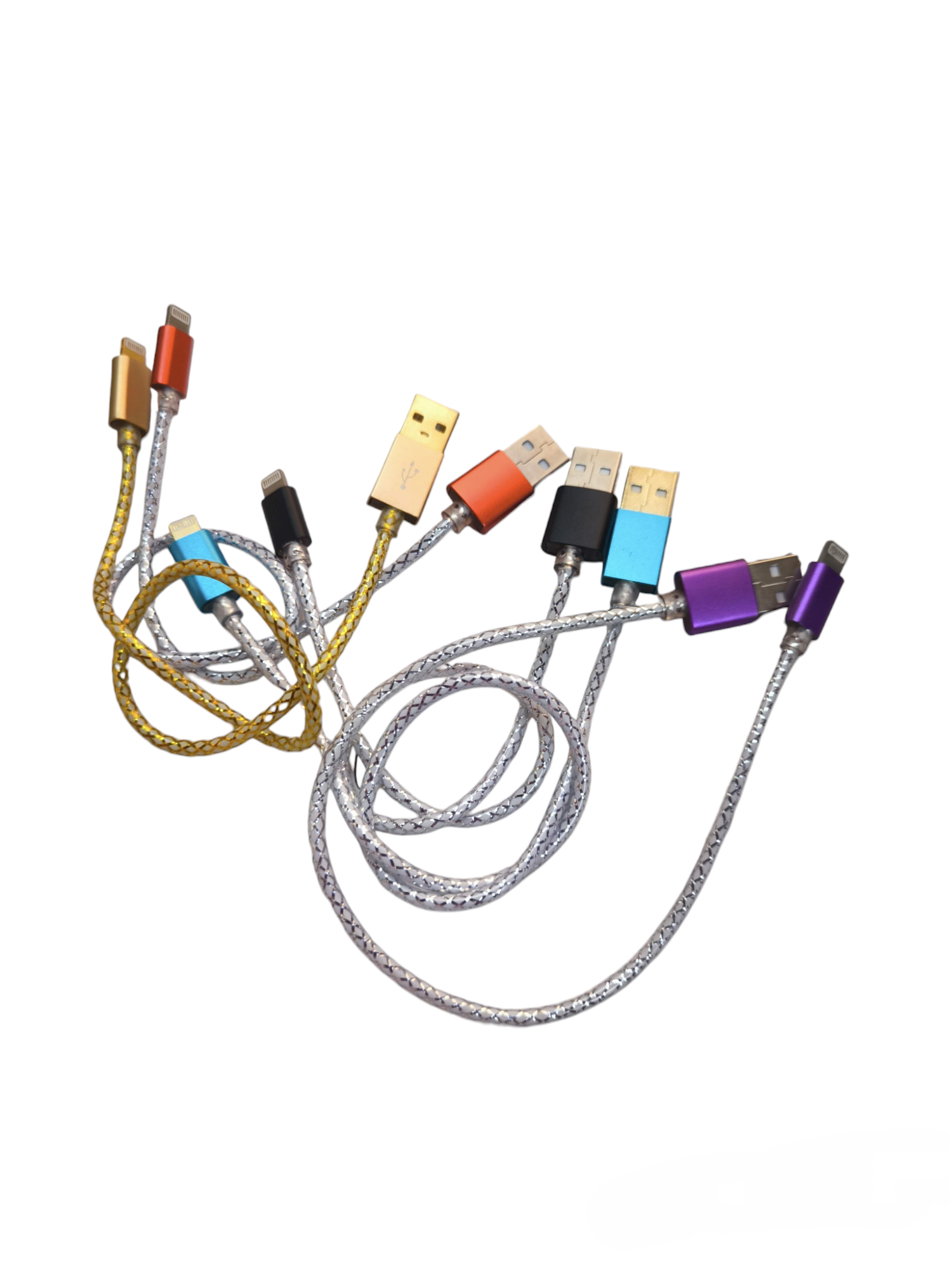 Colorful smart phone charging cord set with braided cables and USB connectors from China
