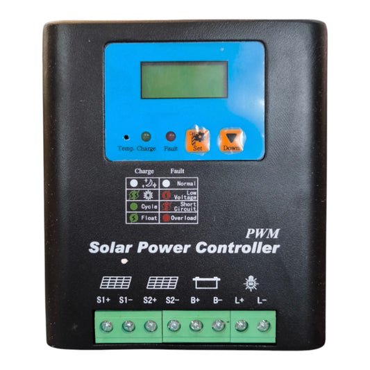 A black solar power controller with a blue digital display screen, orange buttons, and green terminal blocks at the bottom, labeled 'PWM Solar Power Controller'.