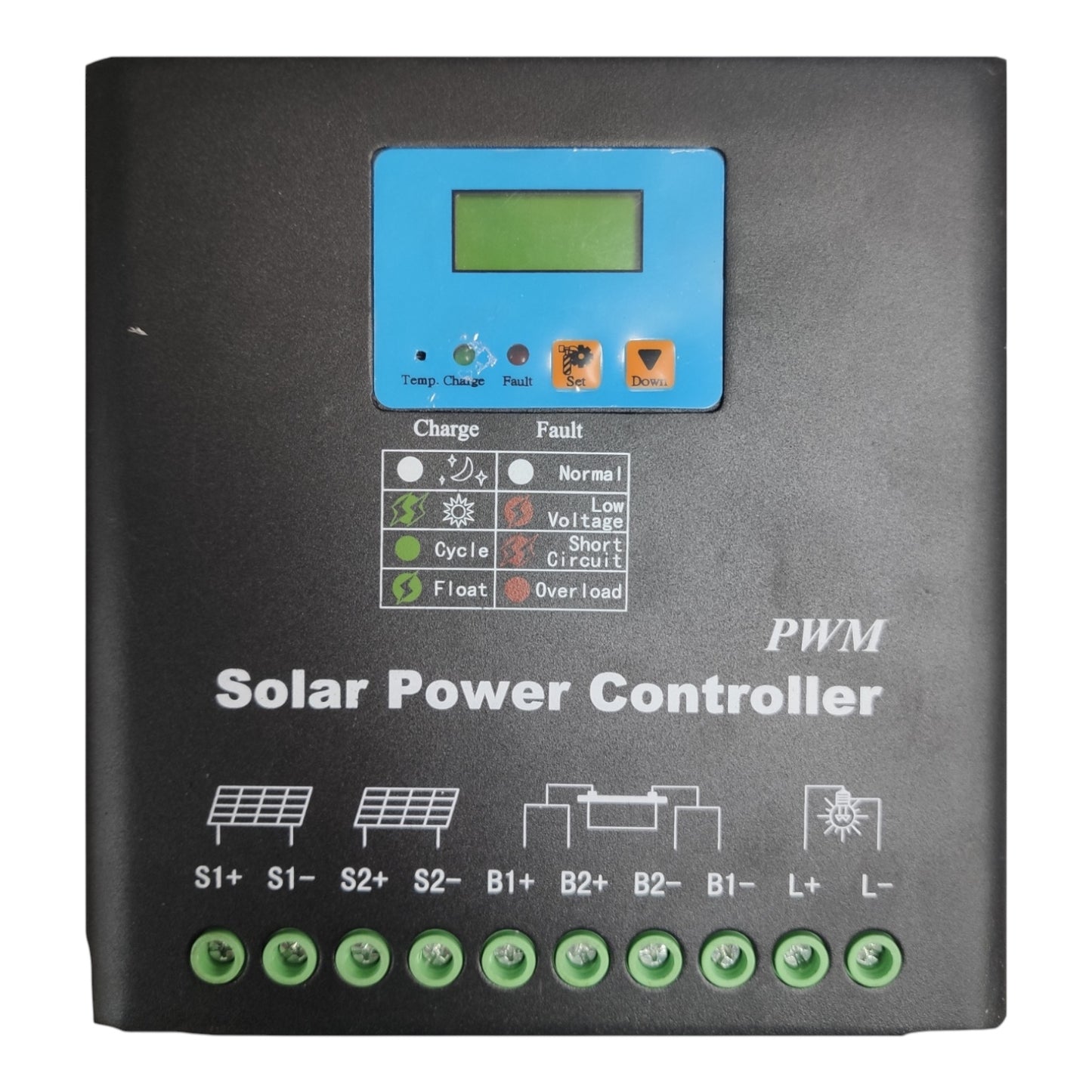 A black solar power controller with a blue LCD display screen, white printed text and icons, and a row of green terminal buttons at the bottom.