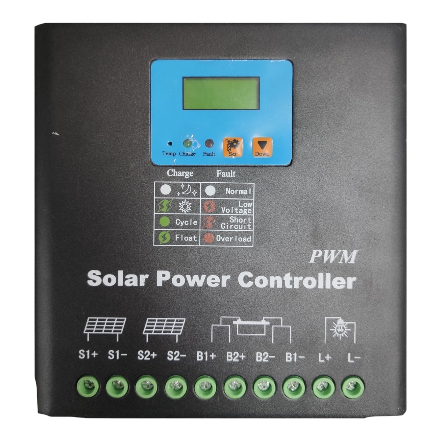 A black solar power controller with a blue LCD display screen, white printed text and icons, and a row of green terminal buttons at the bottom.