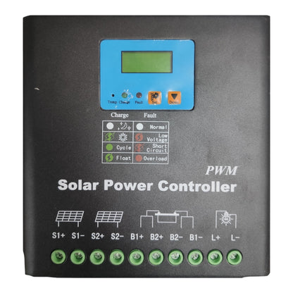 A black solar power controller with a blue LCD display screen, white printed text and icons, and a row of green terminal buttons at the bottom.