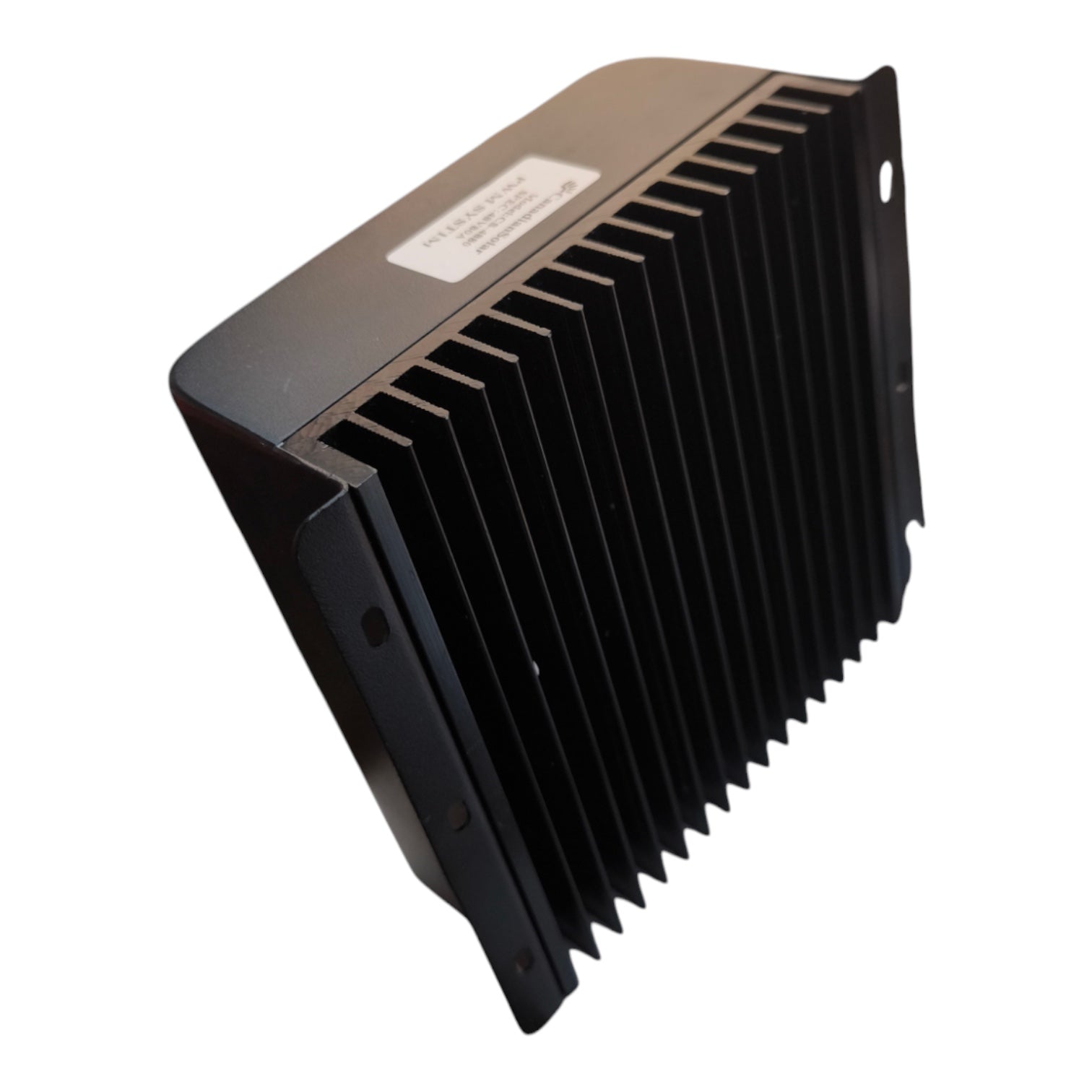 A black metal electronic heatsink with a ribbed fin design, shown at an angle on a plain white background.