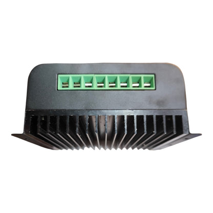 A black metal electronic heatsink with a green 6-pin terminal block connector on the top surface, shown against a plain white background.