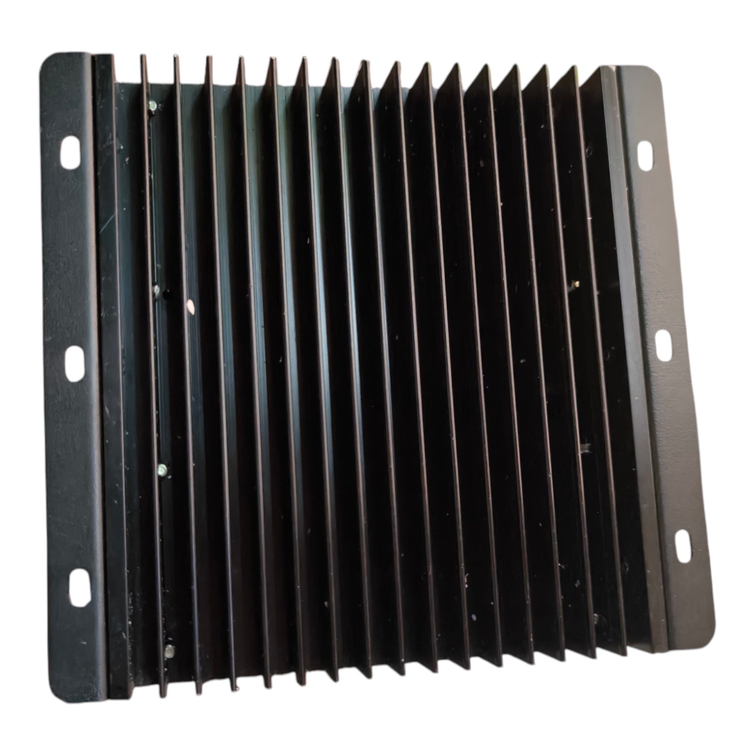 A black metal heat sink with vertical cooling fins and mounting tabs on the left and right sides, shown against a plain white background.