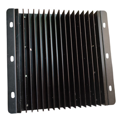 A black metal heat sink with vertical cooling fins and mounting tabs on the left and right sides, shown against a plain white background.