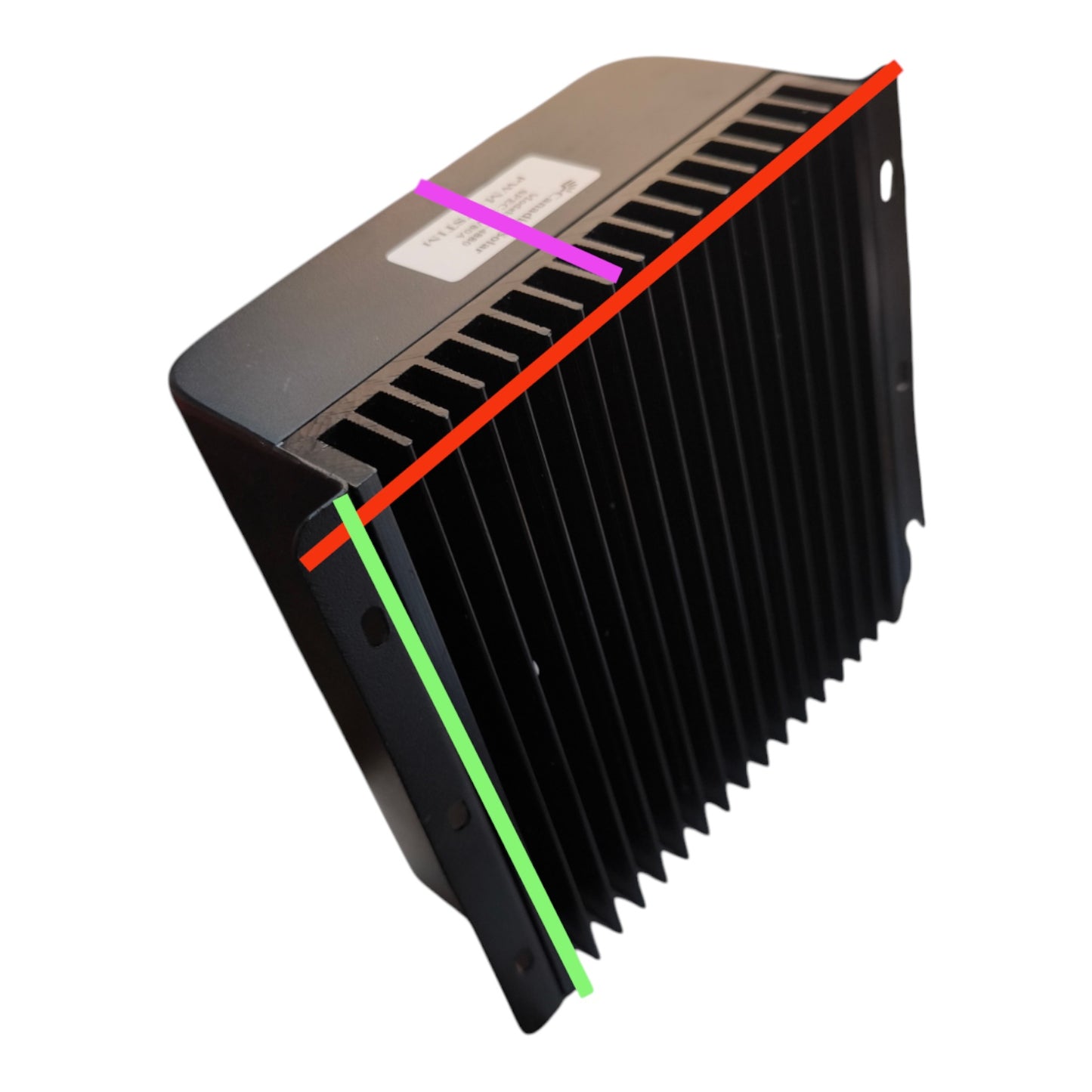 A black metal heatsink component with a ribbed fin design, shown at an angle on a white background with three colored measurement lines (red, green, and purple) overlaid on it.