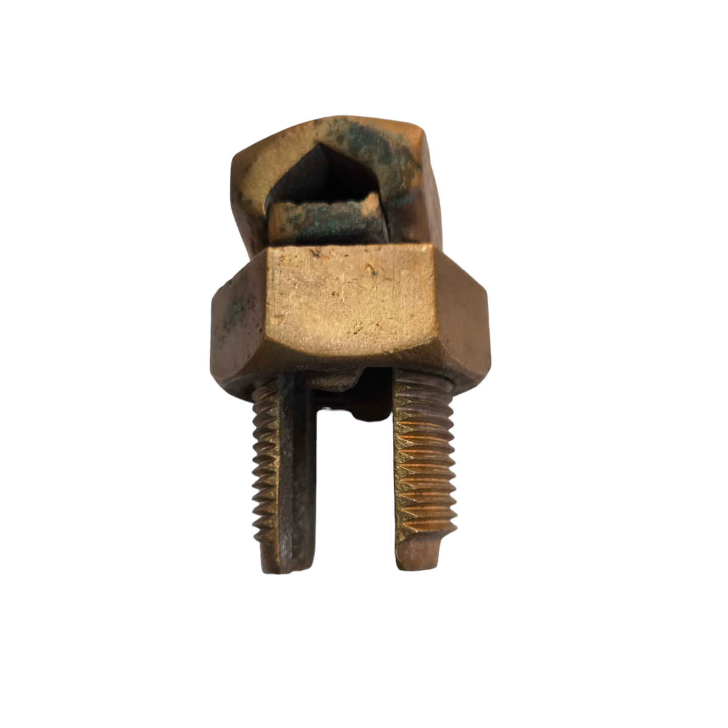 Close-up of a Local brand Solderless Connector 175mm 350MCM electrical circuitry part with brass finish Solderless Connector Single Bolt 125mm - 175mm Copper 350MCM Electx Electrical Supply