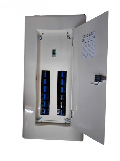Koten white metal electrical panel with open door showing two columns of blue breakers Panel Board 150A 2Pole 250SPS
