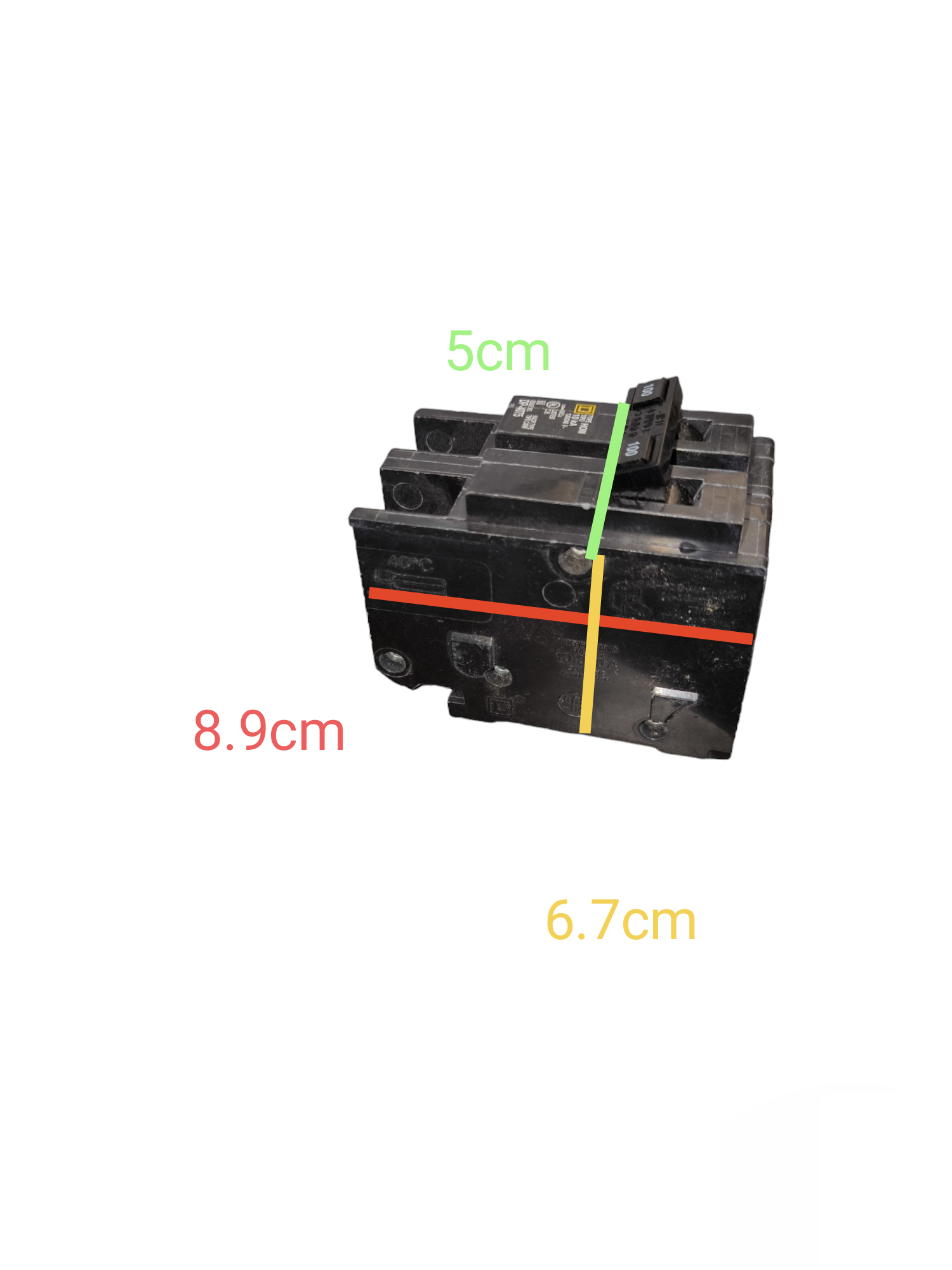Square D 100A 2 Pole Circuit Breaker black electrical component with dimension markings